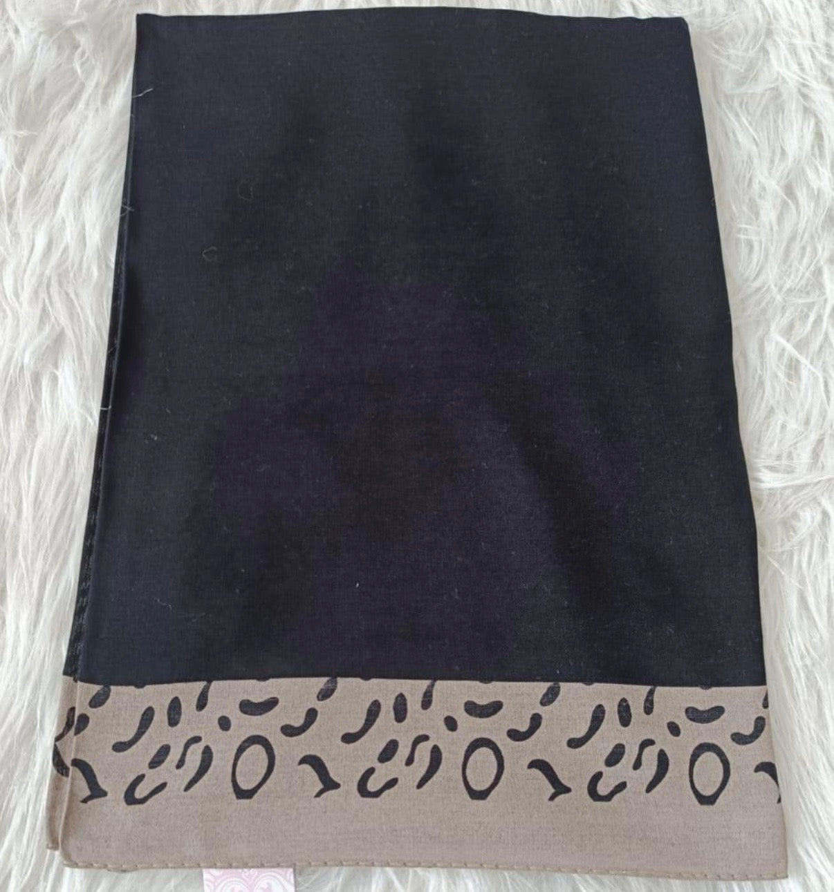 Midnight Black model hijab with taupe leopard trim