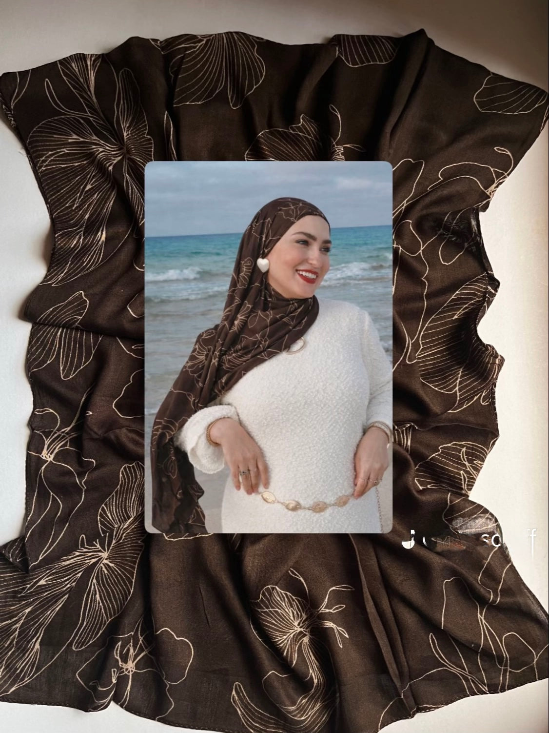 : A tossed botanical print, model hijab