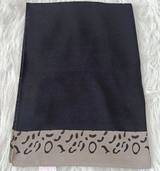 Midnight Black model hijab with taupe leopard trim