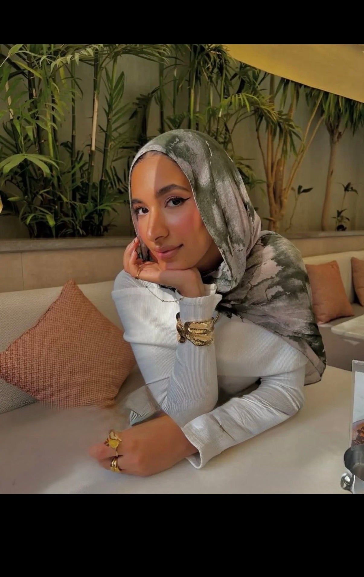 Olive Abstract Watercolor Scarf model hijab